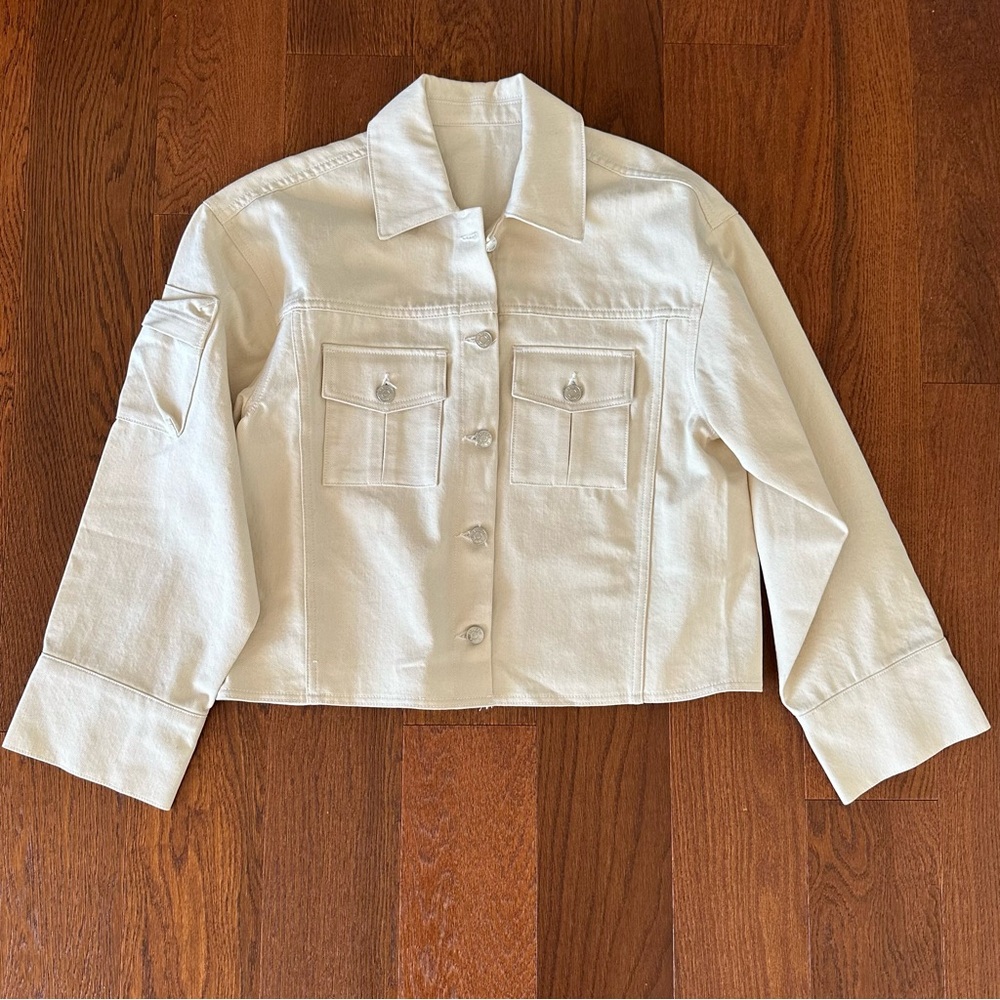 GRLFRND Cropped White Denim Jean Jacket | Size L | Flap Pockets